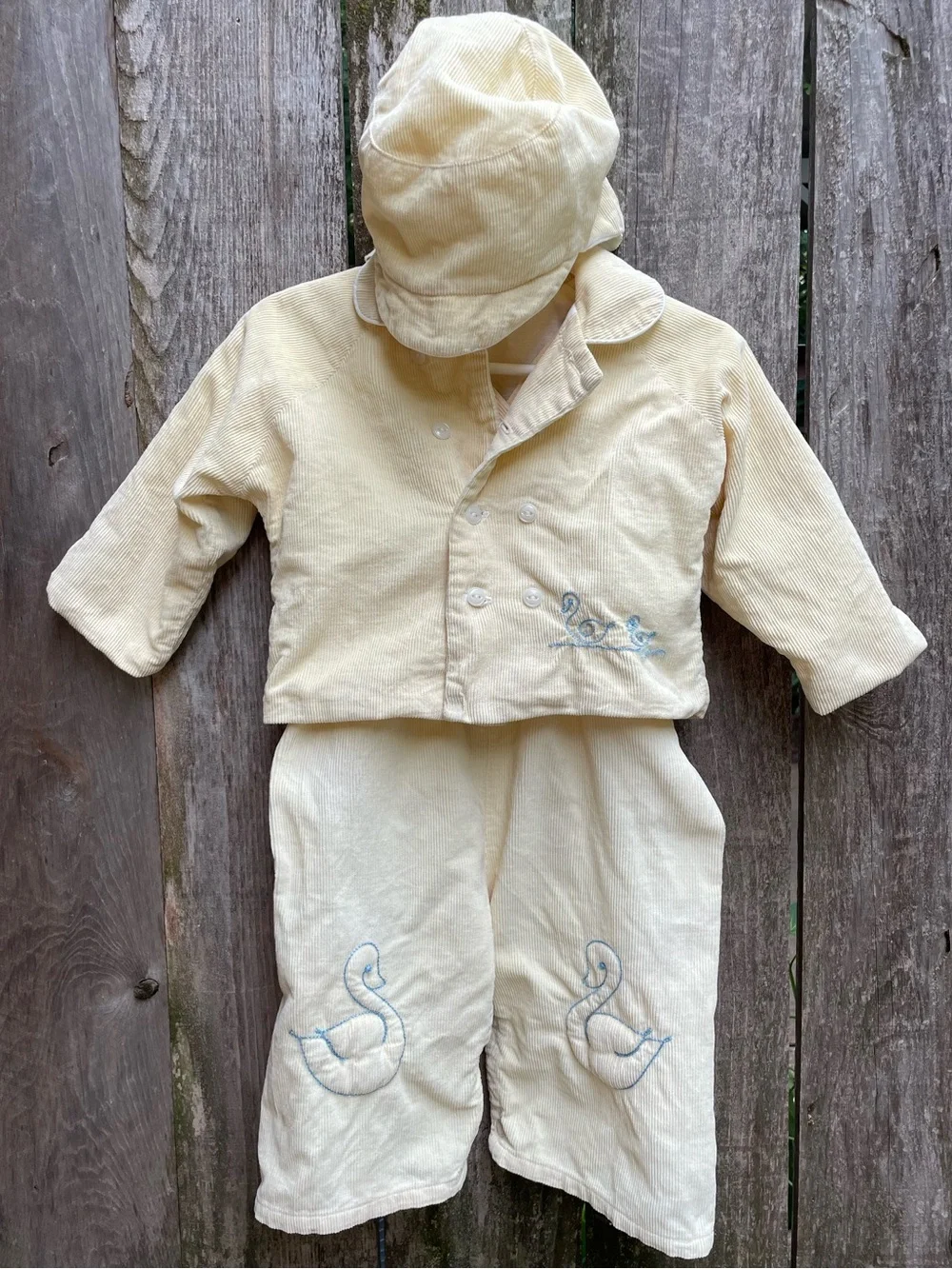 True vintage pale yellow Baby Corduroy 3-Piece Outfit with Swan Embroidery